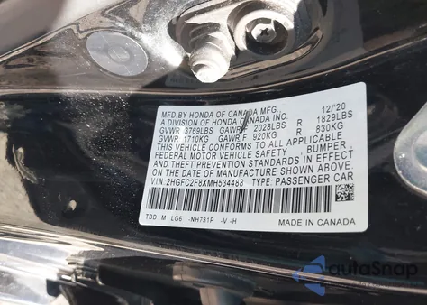 2021 Honda Civic Sport from USA, damaged, VIN 2HGFC2F8XMH534488